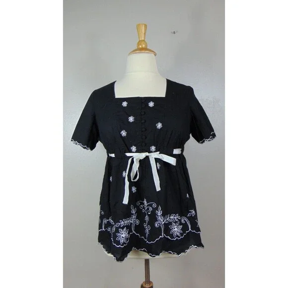 Chelsea Studio Black Embroidered Top Belt Women's Medium Babydoll Boho - Picture 3 of 10